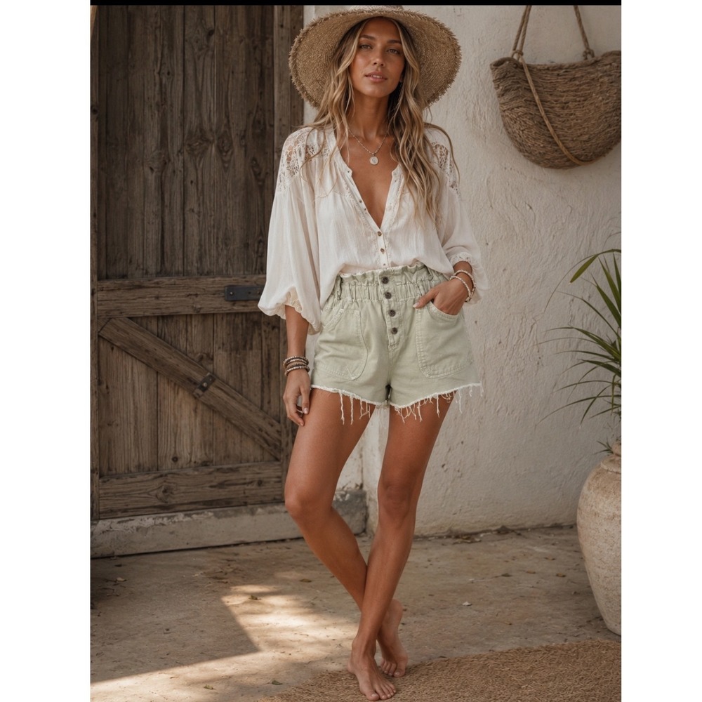 Zara Sage Green Paperbag High Waist Denim Shorts Button Fly‎ Frayed Hem Size 4